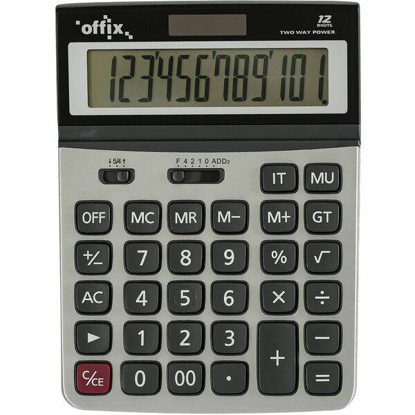 Offix D28 Desktop Calculator - Large Display, 4-Key Memory - 12 Digits - Battery/Solar Powered - 7.5" x 5.5" - Desktop - 1 Each