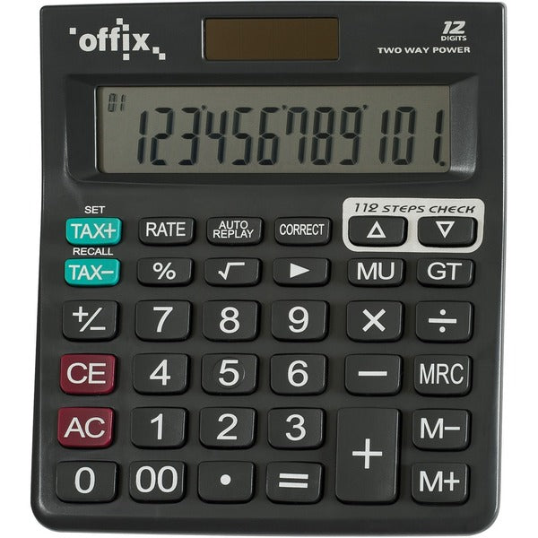 Offix D18TE Desktop Calculator - 3-Key Memory, Currency Converter, Dual Power - 12 Digits - Battery/Solar Powered - 5.3" (133.35 mm) Height x 4" (101.60 mm) Width - Desktop - 1 Each