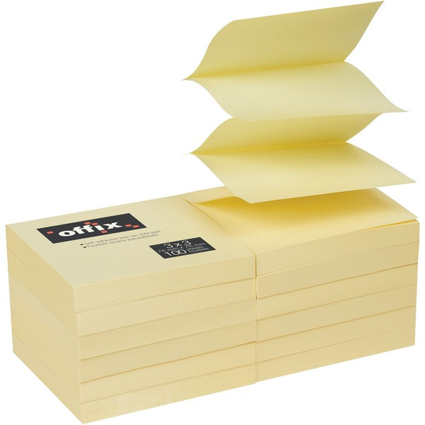 Offix Adhesive Note - 3" (76.20 mm) Flag/Note Width x 3" (76.20 mm) Flag/Note Length - Square - 100 Sheets per Pad - Yellow - Self-adhesive, Pop-up - 12 / Pack