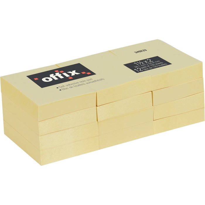 Offix Adhesive Note - 1 1/2" (38.10 mm) Flag/Note Width x 2" (50.80 mm) Flag/Note Length - Rectangle - 100 Sheets per Pad - Yellow - Self-adhesive - 12 / Pack