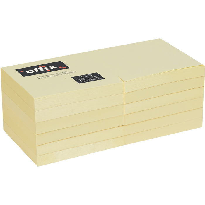 Offix Adhesive Note - 3" (76.20 mm) Flag/Note Width x 3" (76.20 mm) Flag/Note Length - Square - 100 Sheets per Pad - Yellow - Self-adhesive - 12 / Pack
