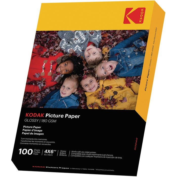 Kodak Photo Paper - 4" (101.60 mm) x 6" (152.40 mm) - 48 lb (21772.43 g) Basis Weight - Glossy - Smear-free, Smudge-free - 100 Sheets - 100 / Pack