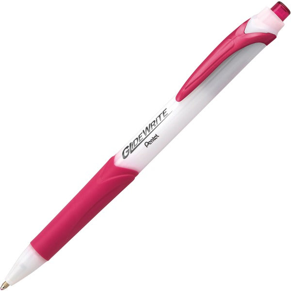 Pentel GlideWrite Ballpoint Pen - 1 mm (0.04") Medium, Bold Pen Point - Retractable - Pink Ink - White Barrel - Metal Tip - 1 / Box