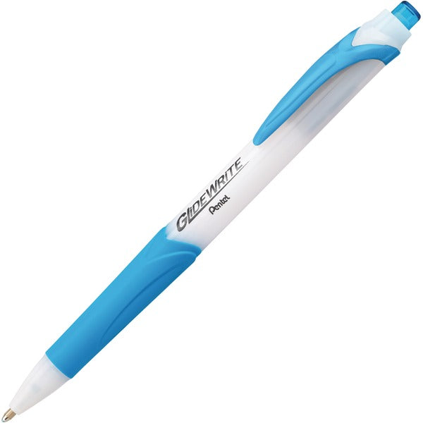 Pentel GlideWrite Ballpoint Pen - 1 mm (0.04") Bold, Medium Pen Point - Retractable - Sky Blue Ink - White Barrel - Metal Tip - 1 / Box