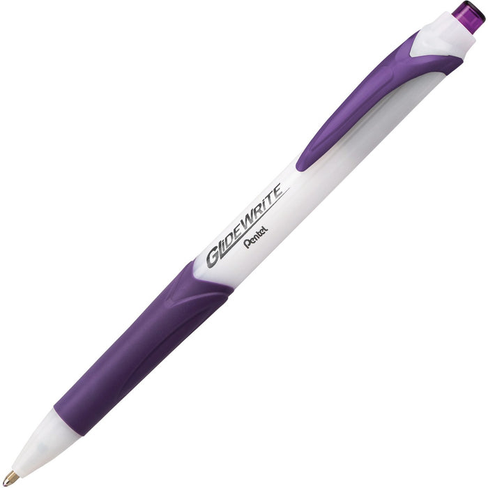 Pentel GlideWrite Ballpoint Pen - Retractable - Violet Ink - White Barrel - Metal Tip - Writing - 12 / Box