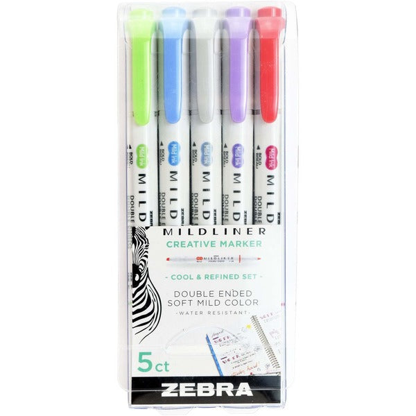 Zebra Mildliner Highlighter 5pk Cool & Refined - Fine Chisel, Bullet Marker Point - Fluorescent Assorted Ink - Liquid, Water Based - Plastic Barrel - 5 / Pack