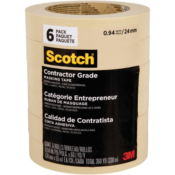 Scotch Contractor Grade Masking Tape 2020 - 60.1 yd (55 m) Length x 0.94" (24 mm) Width x 4.50 mil (0.11 mm) Thickness - Tan - Paper - 6 / Pack