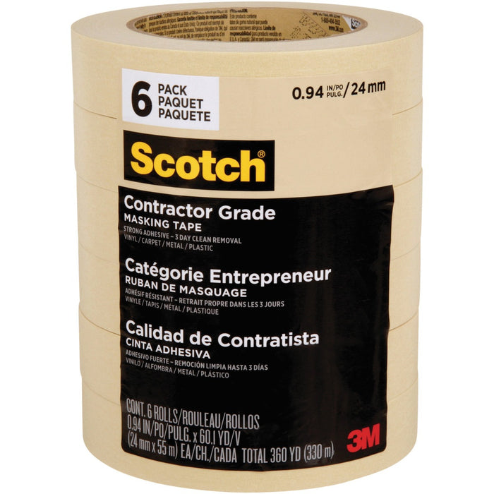 Scotch Contractor Grade Masking Tape 2020 - 60.1 yd (55 m) Length x 0.94" (24 mm) Width x 4.50 mil (0.11 mm) Thickness - Tan - Paper - 6 / Pack