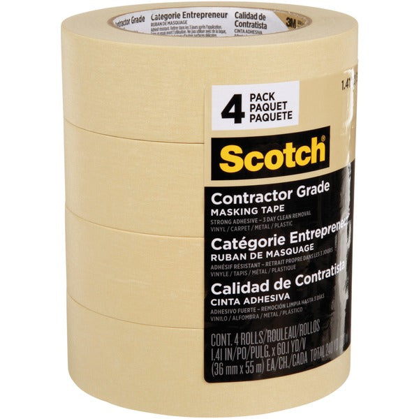 Scotch Contractor Grade Masking Tape 2020 - 60.1 yd (55 m) Length x 1.42" (36 mm) Width x 4.50 mil (0.11 mm) Thickness - Tan - Paper - 4 / Pack