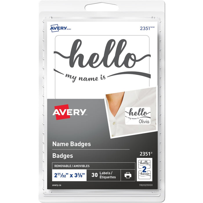 Avery&reg; Self-Adhesive "hello my name is" - Removable Name Badge - English - HELLO my name is - 2 11/32" (59.53 mm) Width x 3 3/8" (85.73 mm) Length - Removable Adhesive - Rectangle - Laser, Inkjet - White - 15 / Sheet - 2 Total Sheets - 30 Total Label(
