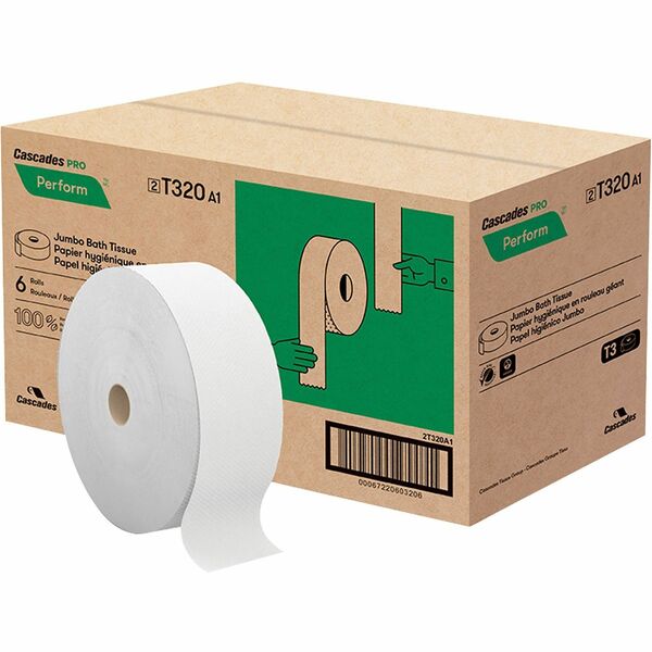 Cascades PRO Perform Jumbo Toilet Paper, 2 Ply, White (T320) - 2 Ply - 3.40" (86.36 mm) Width x 1250 ft (381 m) Length - 9" (228.60 mm) Roll Diameter - White - Paper - 6 / Carton