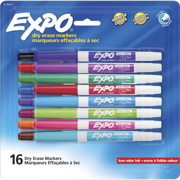 Expo Low-Odor Dry Erase Fine Tip Markers - Fine Marker Point - Erasable - Assorted Ink - Alcohol Based - 16 / Pack