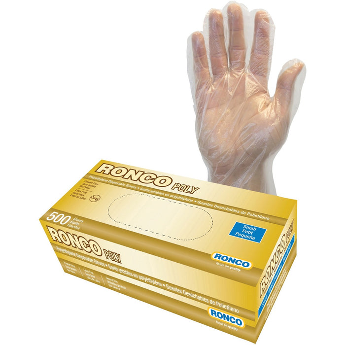 RONCO Poly Polyethylene Disposable Glove - Small Size - For Right/Left Hand - Poly - Clear - Latex-free, Flexible - For Food Service, Aquaculture, Fishing, Household, Painting, Food Preparation, Hospitality, Janitorial Use, Sanitation, Veterinary - 500 /