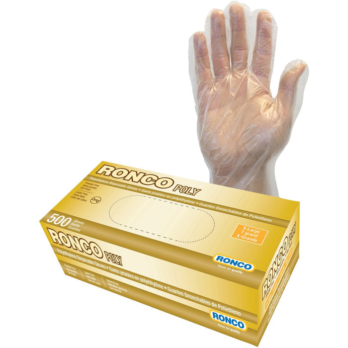 RONCO Poly Polyethylene Disposable Glove - X-Large Size - For Right/Left Hand - Poly - Clear - Latex-free, Flexible - For Food Service, Aquaculture, Fishing, Household, Painting, Food Preparation, Hospitality, Janitorial Use, Sanitation, Veterinary - 500