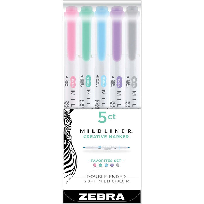 Zebra Pen Mildliner Highlighter 5pk Friendly (NEW!) - Mild Lemon Yellow, Mild Apricot, Mild Coral Pink, Mild Cyan, Mild Dark Gray Ink - Water Based - Plastic Barrel - 5 Pack