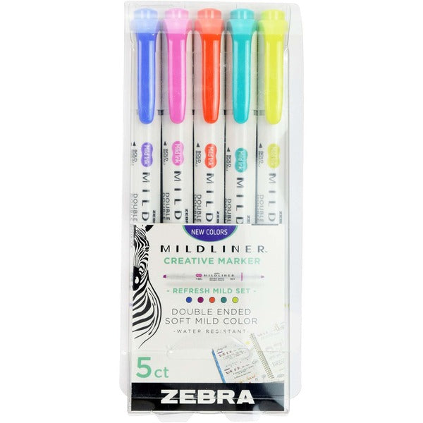 Zebra Pen Mildliner Double Ended Highlighter Assorted Refresh 5Pk - Broad Bullet, Fine Chisel Marker Point - Assorted Ink - 5 / Pack