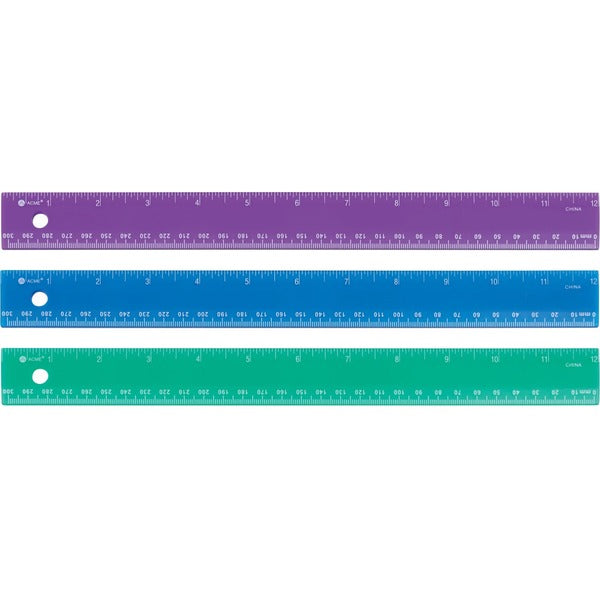 Westcott 300mm/12" Jewel Coloured Plastic Ruler - 1/16, 1/300 Graduations - Imperial, Metric Measuring System - Plastic - Translucent, Assorted