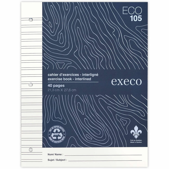 EXECO Eco-friendly Canada Notebooks - 40 Pages - Interlined Front Ruling - 3 Hole(s) - Letter - 8 1/2" (21.59 cm) x 11" (27.94 cm) Sheet Size - 10.87" (276 mm) Height x 8 25/64" (21.30 cm) Width - Perforated, Hole-punched - Yes - 1 Each