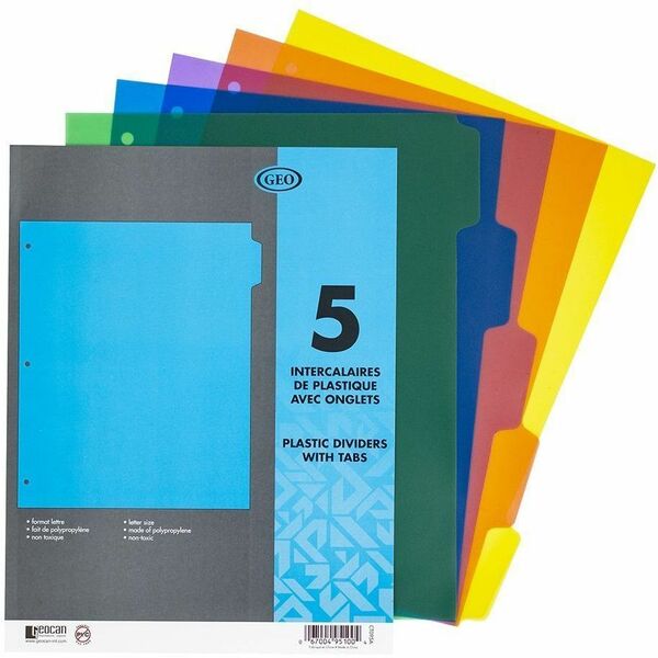 GEO Plastic Dividers with Tabs - 5 x Divider(s) - 5 Tab(s) - 8" (203.20 mm) Divider Width x 11.50" (292.10 mm) Divider Length - Letter - 8.50" (215.90 mm) Width x 11" (279.40 mm) Length - 3 Hole Punched - Polypropylene Divider - Assorted Tab(s)