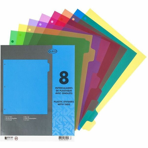 GEO Plastic Dividers with Tabs - 8 x Divider(s) - 8 Tab(s) - 8" (203.20 mm) Divider Width x 11.50" (292.10 mm) Divider Length - Letter - 8.50" (215.90 mm) Width x 11" (279.40 mm) Length - 3 Hole Punched - Polypropylene Divider - Assorted Tab(s)