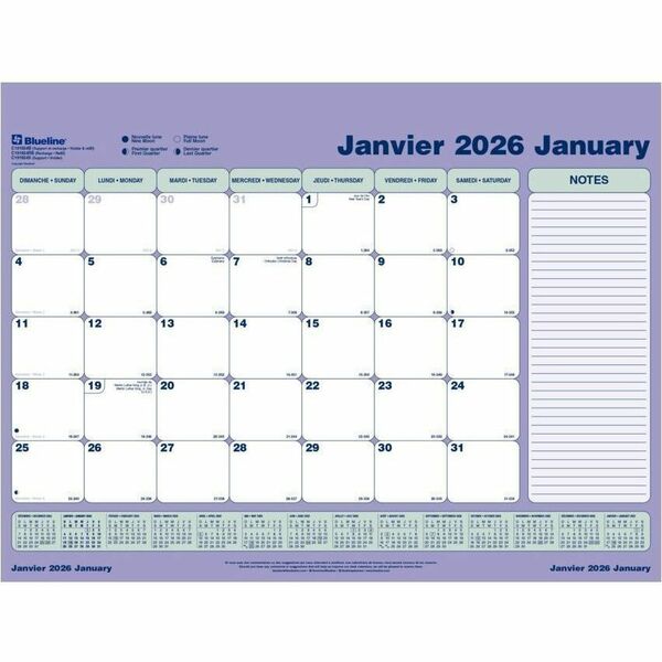 Blueline Monthly Desk Pad Calendar Refill, 23-1/2" x 18-1/4" , Bilingual - Monthly - 12 Month - January 2026 to December 2026 - 1 Month Single Page Layout - 23 1/2" (596.90 mm) x 18 1/4" (463.55 mm) Sheet Size - Chipboard, Vinyl - 18.3" (463.55 mm) Height