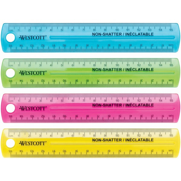 Westcott 15cm Non-Shatter Plastic Ruler - Neon Colours - 1/16, 15 Graduations - Metric Measuring System - Assorted Neon - 1 Each
