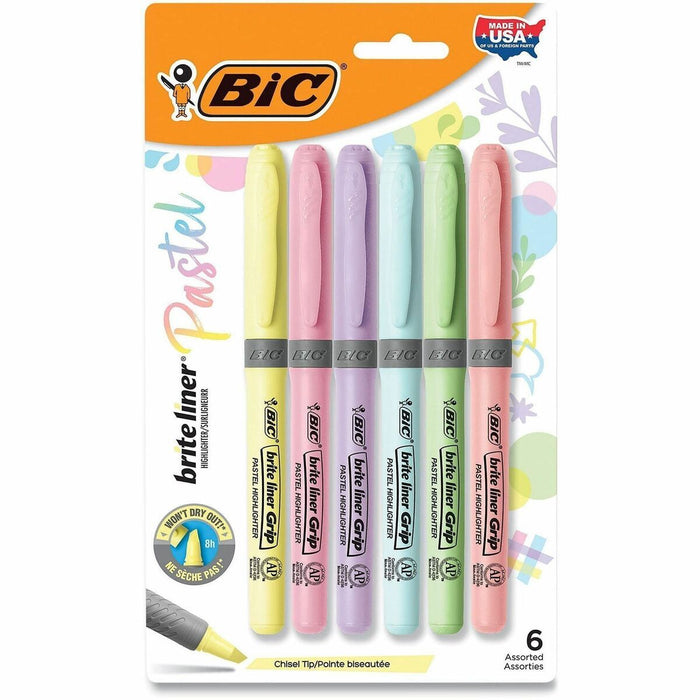 BIC Brite Liner Grip Highlighter, Chisel Tip (1.6 mm), Assorted Pastel Colours, For Broad Highlighting & Fine Underlining, 6-Count - Assorted Ink - 6 Pack