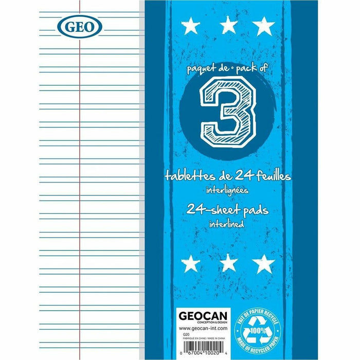 GEO Small Writing Pads, pack of 3 - 24 Sheets - 48 Pages - Interlined Front Ruling - 0.31" (8 mm) Ruled - 7" (17.78 cm) x 9" (22.86 cm) Sheet Size - 9.06" (230 mm) Height x 7 3/32" (18 cm) Width - Double Sided Sheet - Recycled - 3 / Pack