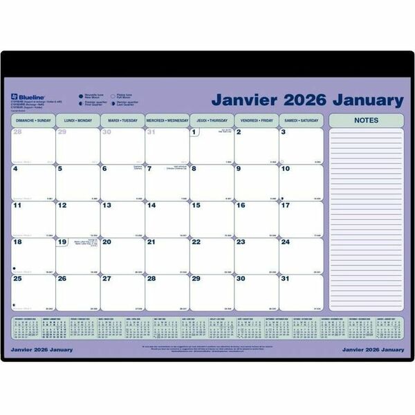 Blueline Refillable Monthly Desk Pad Calendar, 24-1/4" x 19-1/8" , Bilingual - Monthly, Daily - 12 Month - January 2026 to December 2026 - 1 Day, 1 Month Single Page Layout - 24 1/4" (615.95 mm) x 19 1/8" (485.78 mm) Sheet Size - Desk Pad - Vinyl, Chipboa