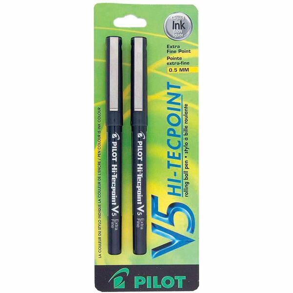 Pilot Hi-Tecpoint V5 Rollerball Pen - 0.5 mm (0.02") Pen Point - Black Ink - Liquid - Tungsten Carbide Tip - 2 / Pack