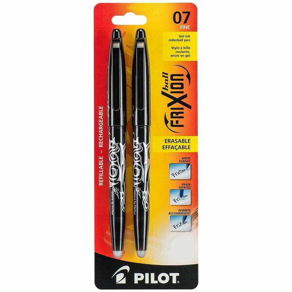 Pilot FriXion Ball - Gel Ink Rollerball pen - Black - Medium Tip - 0.7 mm (0.03") Medium Pen Point - Refillable - Erasable - Black Ink - Liquid Gel Ink - 2 / Pack