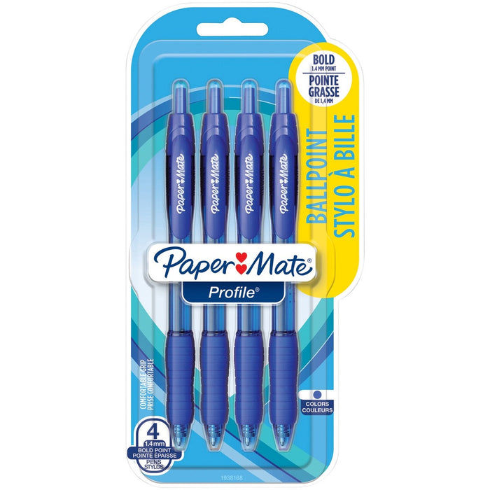 Paper Mate Profile Ballpoint Pen - Retractable - Blue Ink - Clear Barrel - 4 Pack