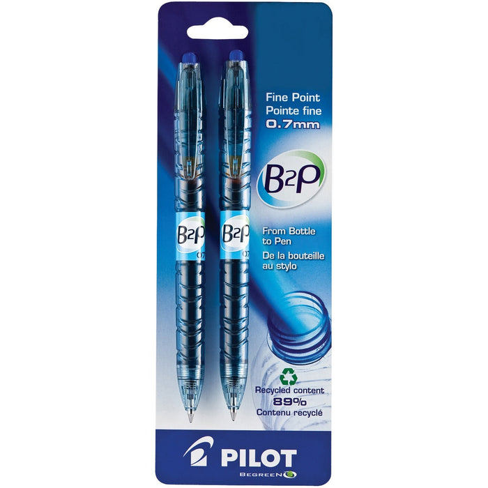 Pilot BeGreen B2P Gel Pen - Refillable - Retractable - Blue Ink - Gel-based - Translucent Barrel - 2 / Pack