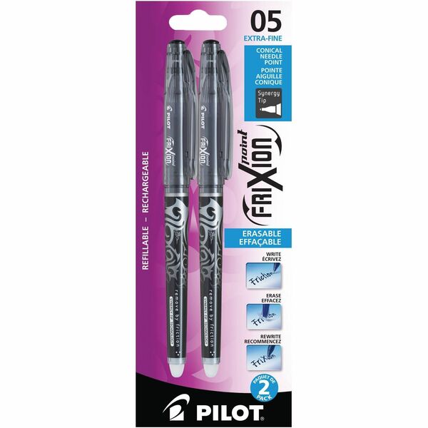 Pilot FriXion Ball - Gel Ink Rollerball pen - Black - Fine Tip - 0.5 mm (0.02") Fine Pen Point - Refillable - Erasable - Black Ink - Liquid Gel Ink - 2 / Pack