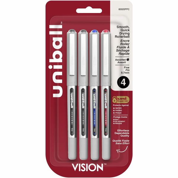 uniball Vision Rollerball Pens - uniball&trade; Vision Rollerball Pens, Fine Point (0.7mm), Assorted Colors, 4 Pack