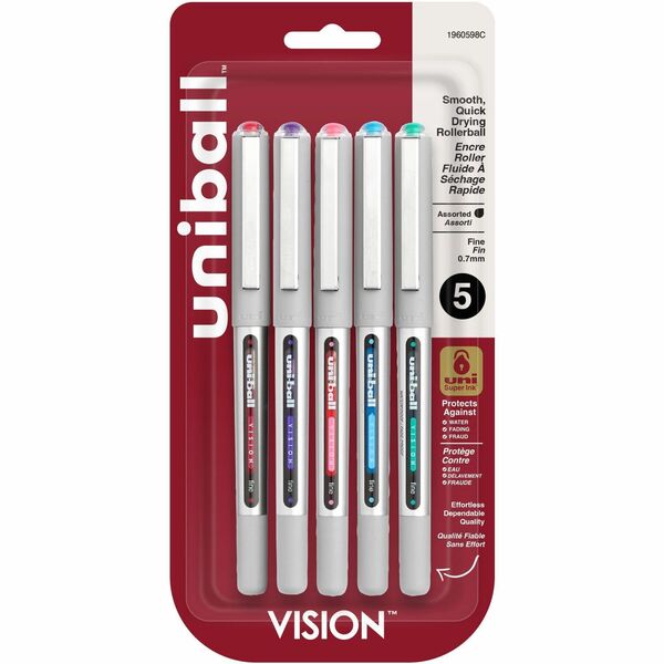 uniball&trade; Vision Rollerball Pen - 0.7 mm (0.03") Fine Pen Point - Assorted Ink - Liquid - Gray Barrel - 5 / Pack