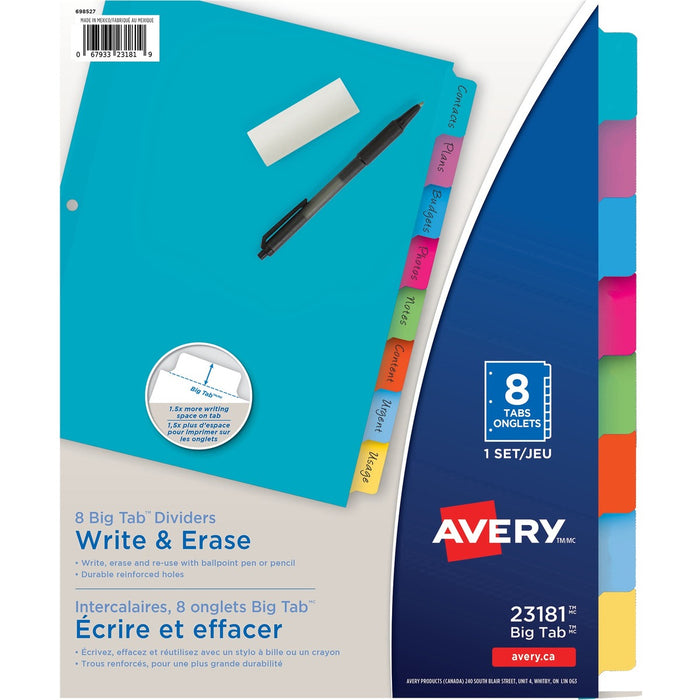 Avery&reg; Big Tab™ Write & Erase Dividers 8 tabs, 1 set - 8 Tab(s) - 8 Tab(s)/Set - Letter - 8.50" (215.90 mm) Width x 11" (279.40 mm) Length - 3 Hole Punched - Bright Assorted Tab(s) - Recycled - 8 Set