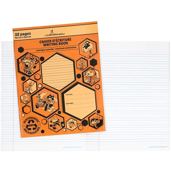Louis Garneau Small Writing Book, Interlined-Dotted - 32 Pages - Dotted, Interlined Front Ruling - 9.13" (232 mm) Height x 7.13" (181 mm) Width - Orange Laminated Paper Cover - Recycled