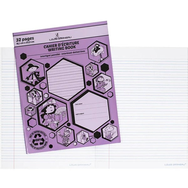 Louis Garneau Small Interlined-Dotted Exercise Book - 32 Pages - Dotted, Interlined Front Ruling - 9.13" (232 mm) Height x 7 1/8" (18.10 cm) Width - Purple Laminated Paper Cover - Recycled