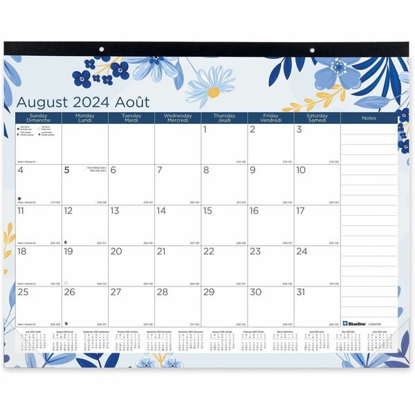 Blueline Boho Academic Desk Pad 22" x 17" Bilingual - Academic - Monthly - 1 Month Single Page Layout - Desk Pad - Chipboard - 22" Height x 17" Width - Top Bound, Reinforced Corner, Tear-off, Bilingual, Daily Block, Reference Calendar - 1 Each