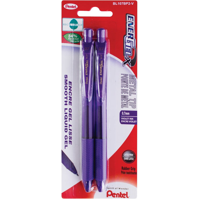 Pentel Retractable Gel Pens 0.7 mm Violet 2/pkg - Refillable - Retractable - Violet Ink - Liquid Gel Ink - Metal Tip - Writing - 2 / Pack