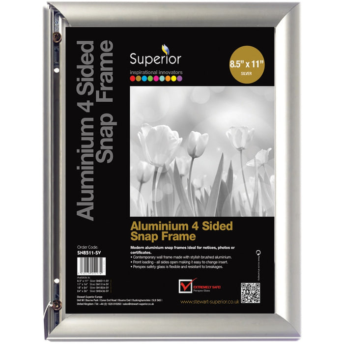 Seco Snap Frame Sign Holder 8-1/2" x 11" Silver - Print/Message - "Landscape, Portrait - 11" (279.40 mm) Width x 8.50" (215.90 mm) Height - Indoor, Outdoor, Display - Silver, Silver - 1 Each