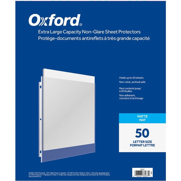 Oxford Sheet Protector - 3 mil (0.08 mm) Thickness - 50 x Page Capacity - For Letter 8 1/2" (215.90 mm) x 11" (279.40 mm) Sheet - 3 x Holes - Top Loading - Clear - Polypropylene - 50 / Box