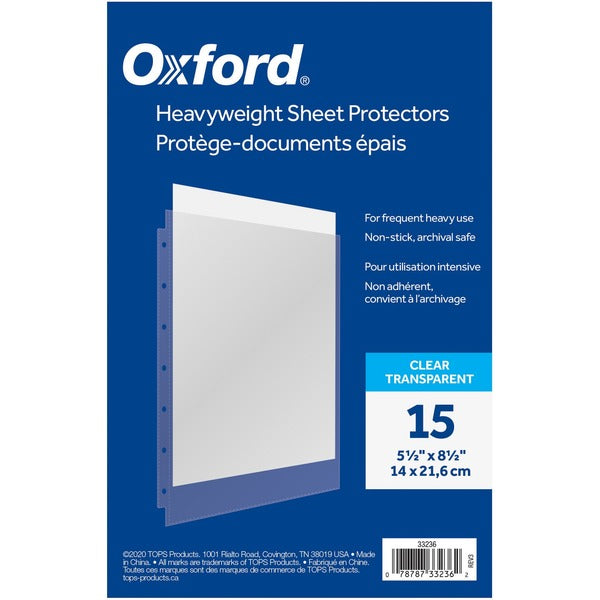Oxford Sheet Protector - For 5 1/2" (139.70 mm) x 8 1/2" (215.90 mm) Sheet - 7 x Holes - Ring Binder - Top Loading - Clear - Polypropylene - 15 / Pack