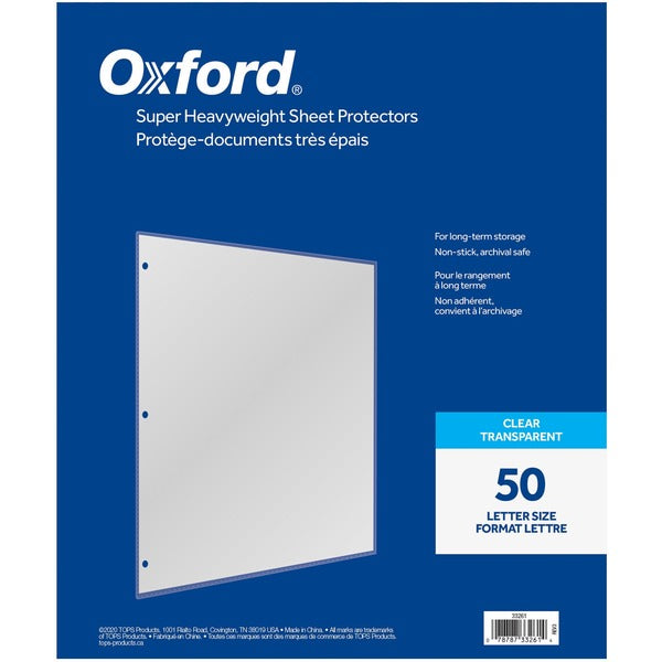 Oxford Sheet Protector - 3.3 mil (0.08 mm) Thickness - For Letter 8 1/2" (215.90 mm) x 11" (279.40 mm) Sheet - Ring Binder - Top Loading - Clear - Polypropylene - 50 / Box