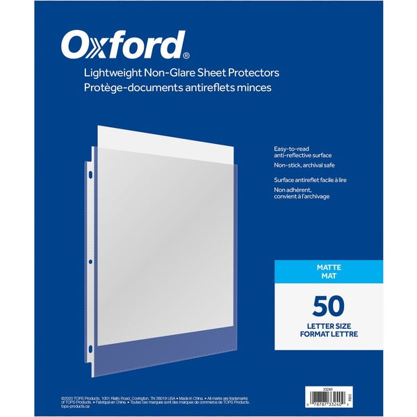 Oxford Sheet Protector - 2 mil (0.05 mm) Thickness - For Letter 8 1/2" (215.90 mm) x 11" (279.40 mm) Sheet - 3 x Holes - Ring Binder - Top Loading - Clear - Polypropylene - 50 / Box