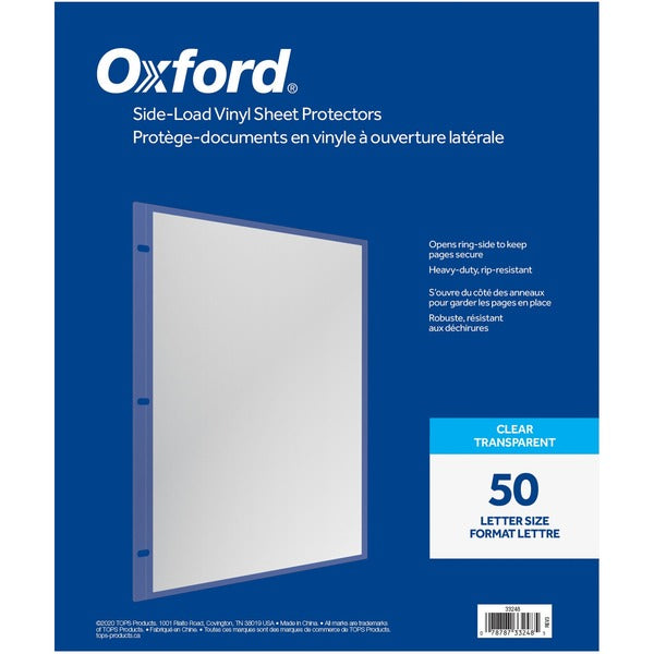 Oxford Sheet Protector - 4 mil (0.10 mm) Thickness - For Letter 8 1/2" (215.90 mm) x 11" (279.40 mm) Sheet - 3 x Holes - Ring Binder - Side Loading - Clear - Vinyl - 50 / Box