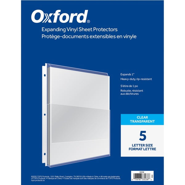 Oxford Sheet Protector - 5.5 mil (0.14 mm) Thickness - 1" (25.4 mm) Maximum Capacity - For Letter 8 1/2" (215.90 mm) x 11" (279.40 mm) Sheet - 3 x Holes - Top Loading - Clear - Vinyl - 5 / Pack