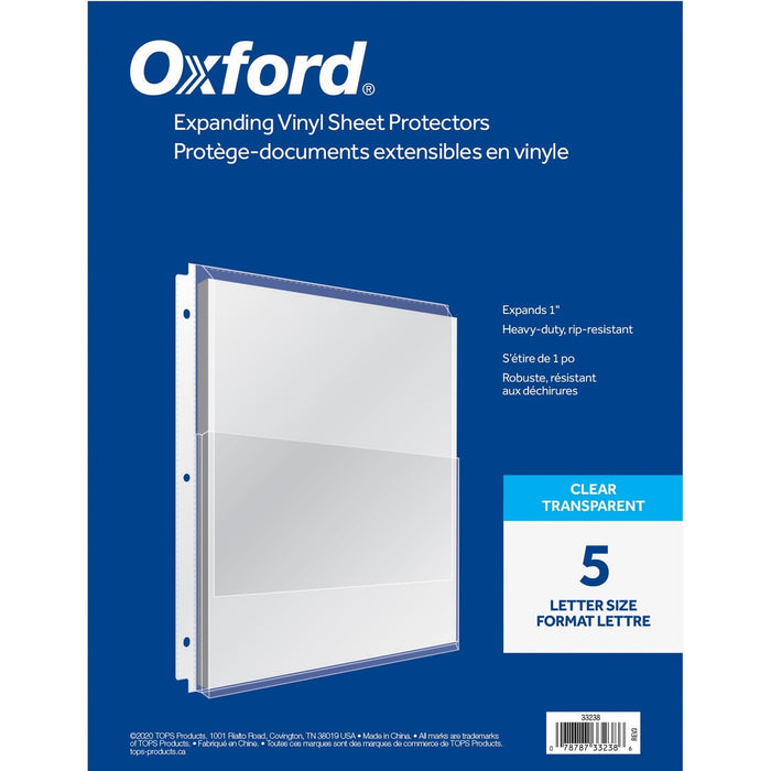 Oxford Sheet Protector - 5.5 mil (0.14 mm) Thickness - 1" (25.4 mm) Maximum Capacity - For Letter 8 1/2" (215.90 mm) x 11" (279.40 mm) Sheet - 3 x Holes - Top Loading - Clear - Vinyl - 5 / Pack
