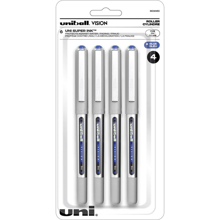 uniball™ Vision Roller Pens 0.7 mm Blue with Grey Barrel 4/pkg - Blue Ink - Gray Barrel - 4 / Pack